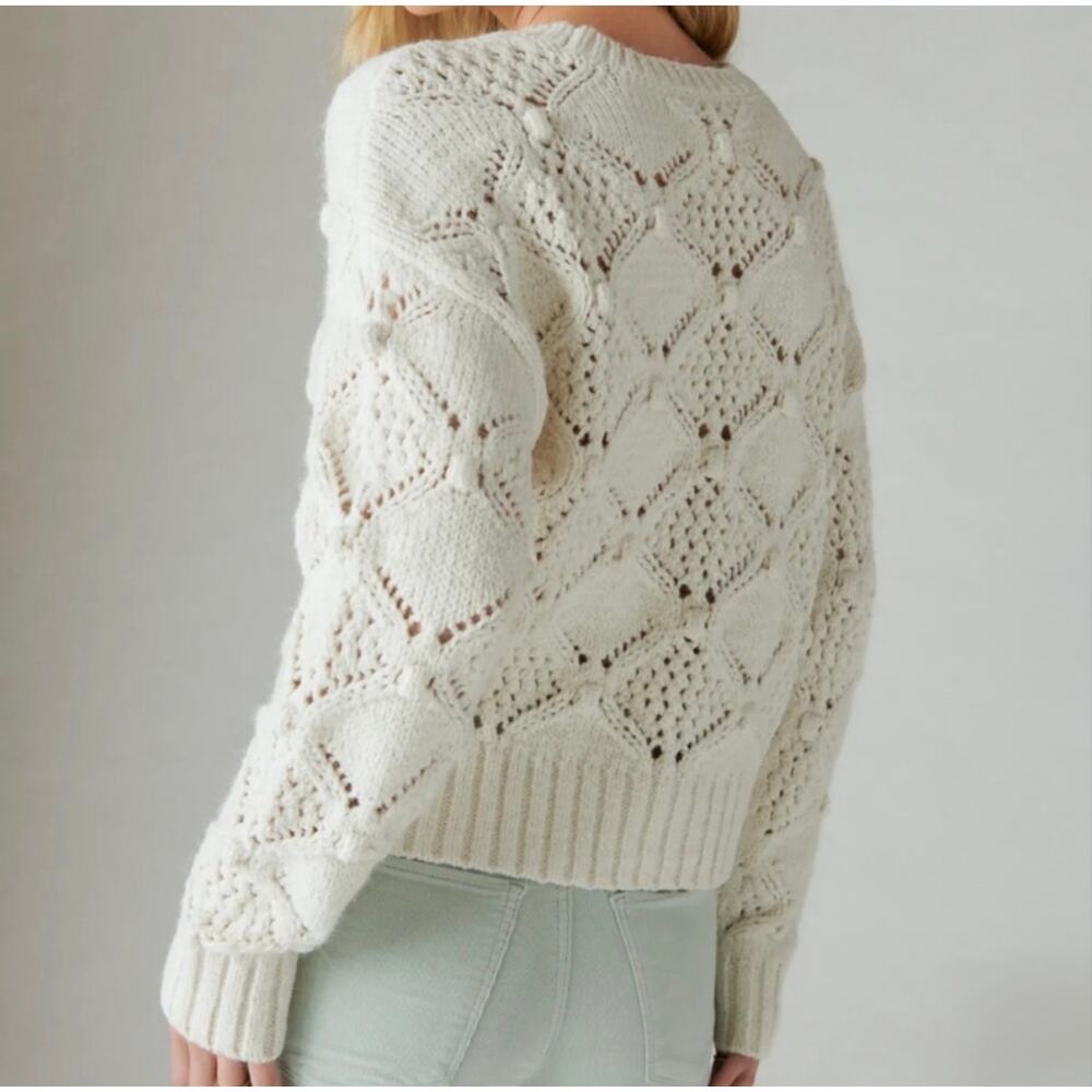 Lucky Brand Ivory Diamond Open Knit Bobble Chunky Crewneck Sweater White Sz XL - Picture 6 of 15